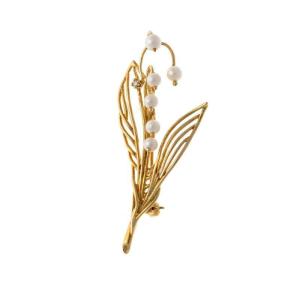 Franklin Mint 18k Gold Brooch With Pearls And Diamond, "lily Of The Valley", 1985