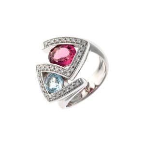 Rizit-branded Ring In 18k White Gold Set With Diamonds, Topaz, And Tourmaline