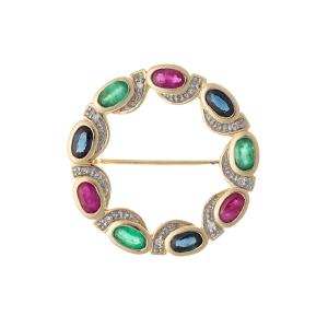 Broche en or 14k ornée de saphirs, rubis, émeraudes et diamants