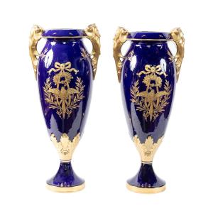 Pair Of Gilded Earthenware Vases, French-made In The Louis XVI Style, Circa 1900
