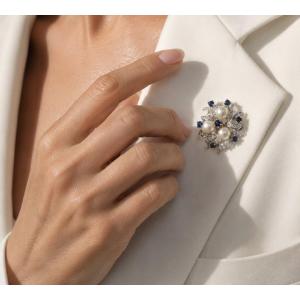 14k White Gold Brooch Set With Pearls, Sapphires, And Diamonds