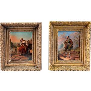 paire de petite tableaux de ganre, peinture sur metal, fin 19eme