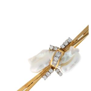 18k Gold Brooch Adorned With A "dragon's Tooth" Pearl And Diamonds