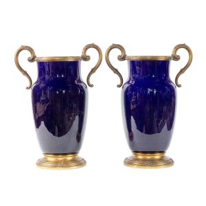 Pair Of Earthenware Vases Decorated With Gilded Bronze; French Craftsmanship, Early 20th Century