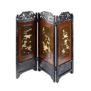 Small Chinese Folding Screen Made Of Wood And Bone, Carved,  Early 20th Century