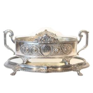 Silverplated Bronze Jardiniere With Cut Crystal On Mirror Tray, 19th Century, France