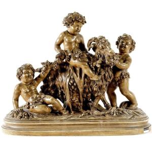 Terracotta Sculpture "children Playing With A Goat" Early 20th Century