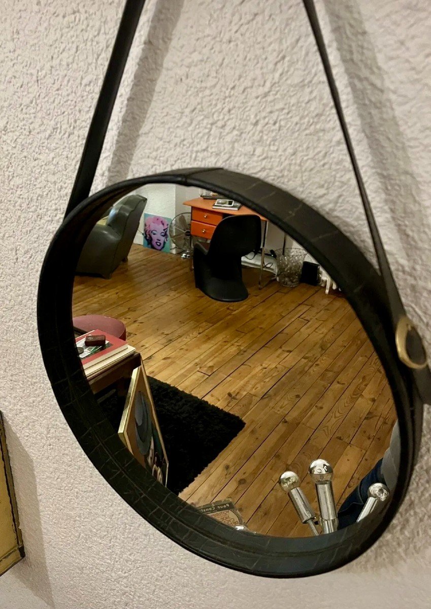 Antique Jacques Adnet Leather Mirror-photo-3