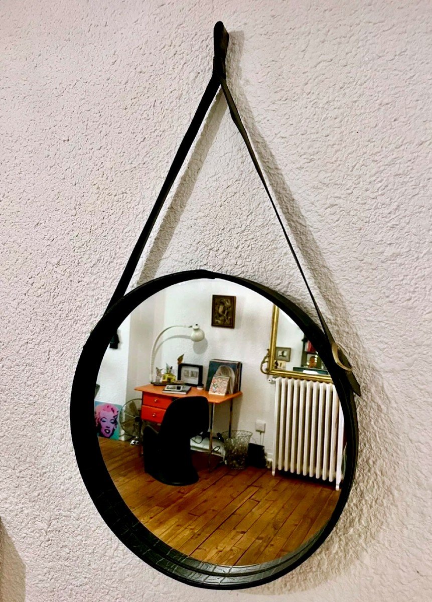 Antique Jacques Adnet Leather Mirror