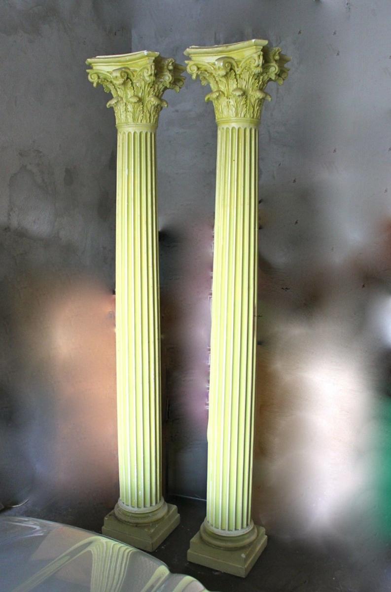 Old Pair Of Large Columns In Plaster. 2.80 Meters