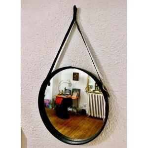 Antique Jacques Adnet Leather Mirror