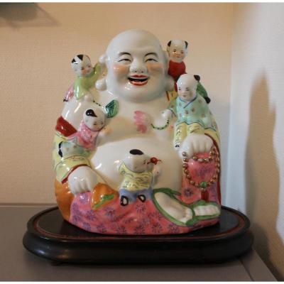 Tres Grand Bouddha Rieur En Porcelaine De Chine - Bouddha Et Ses 5 Enfants