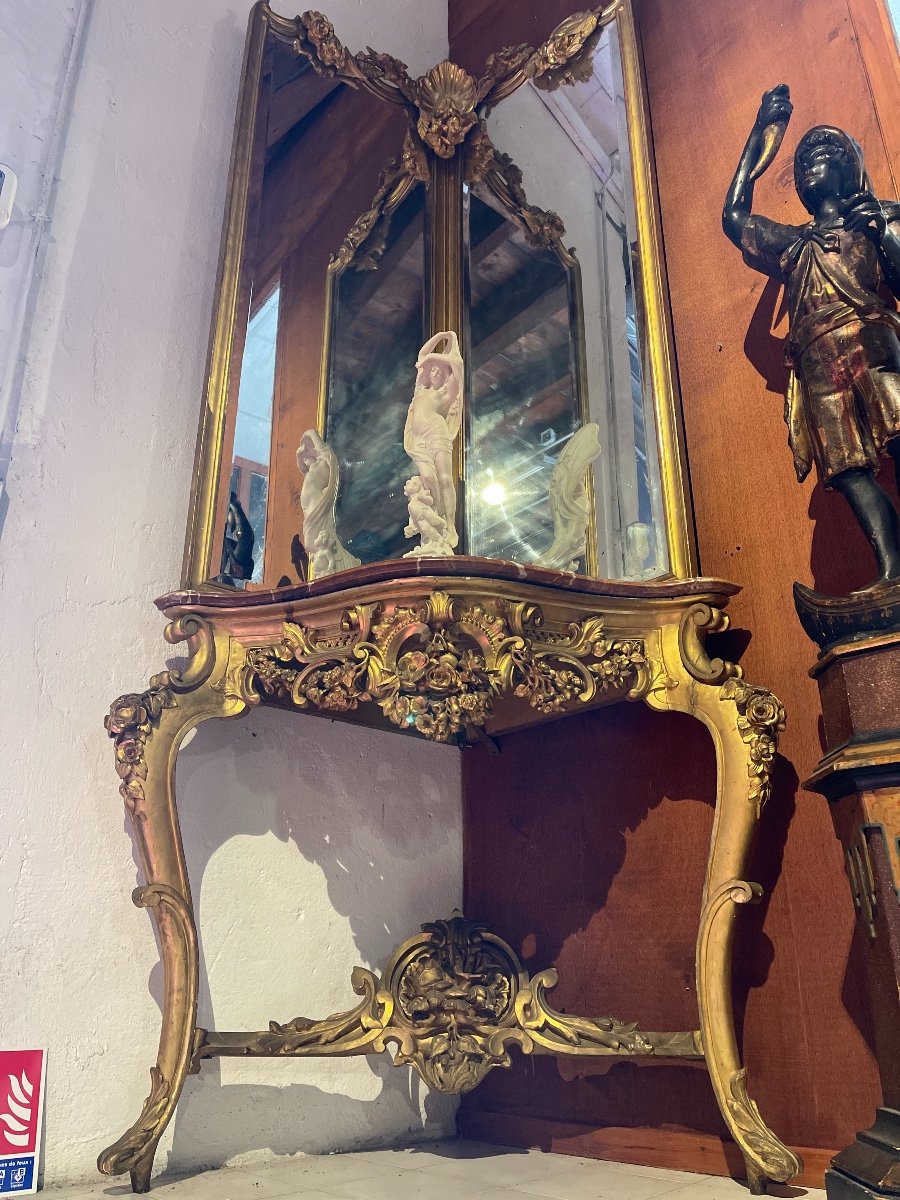 Console And Mirror In Golden Wood Of Angle