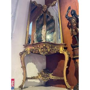 Console And Mirror In Golden Wood Of Angle