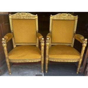 Pair Two Armchair In Golden Wood 19th