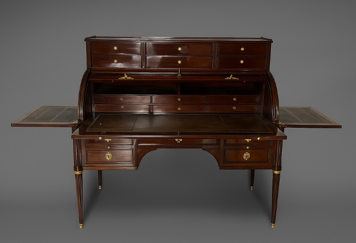 Louis XVI Period Cylinder Desk In Mahogany Veneered On All Sides - Stamped Dussault-photo-2
