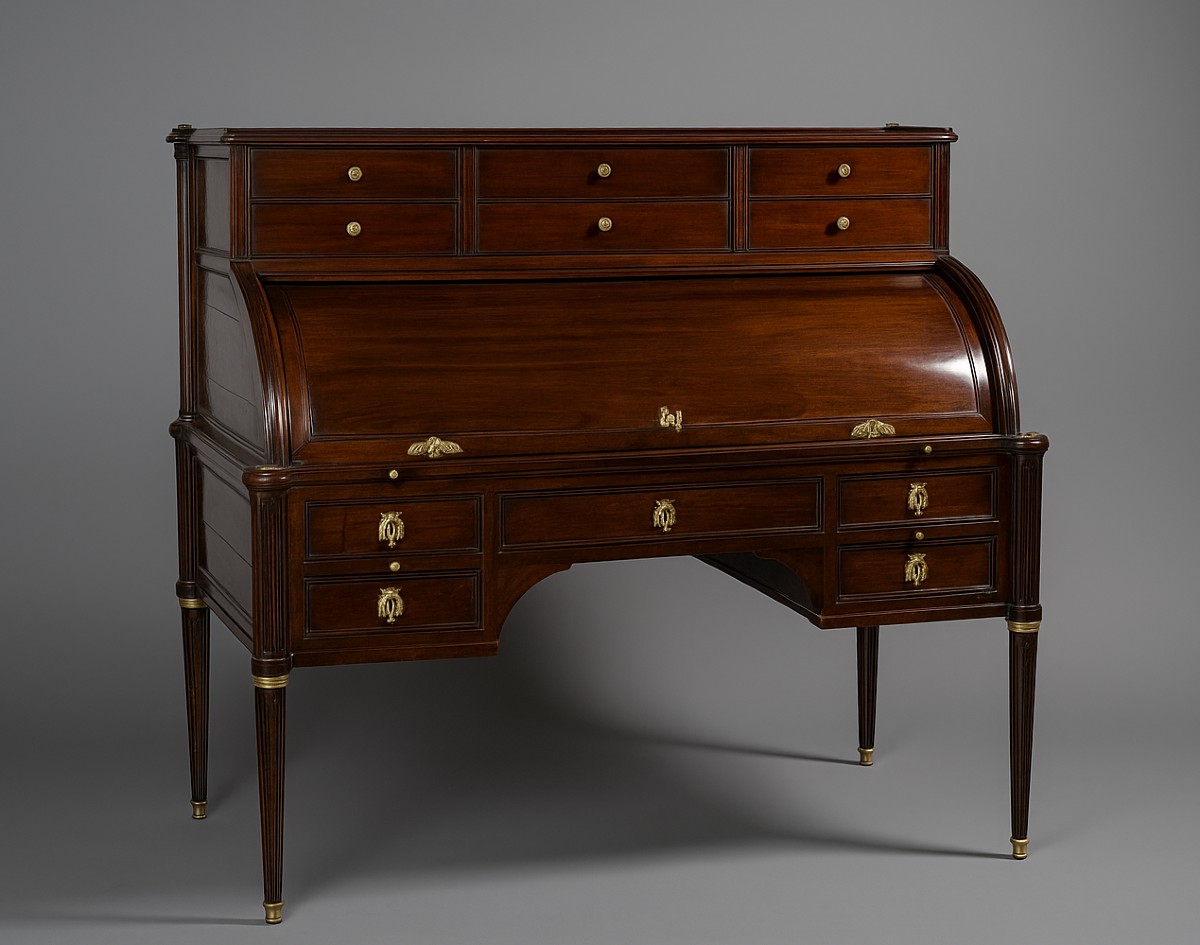 Louis XVI Period Cylinder Desk In Mahogany Veneered On All Sides - Stamped Dussault