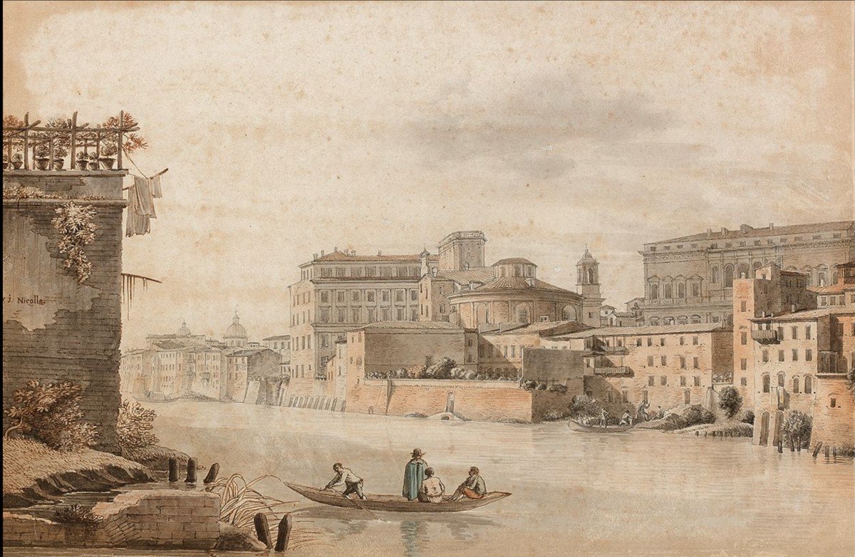 Victor-jean Nicolle (1754 - 1826) Vue du Palais Farnèse depuis les quais du Tibre, Vers 1800