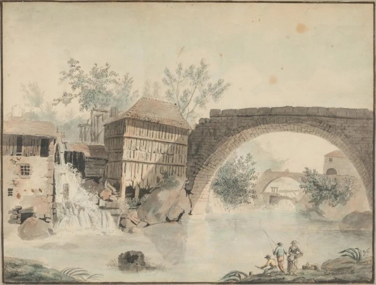 Attribué à Claude-Louis Chatelet (1753 - 1795) Pêcheurs sous un pont, Vers 1780-photo-2