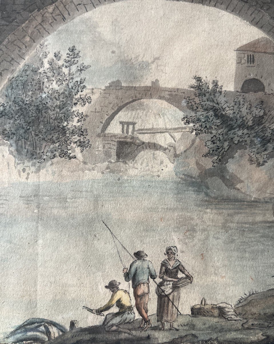 Attribué à Claude-Louis Chatelet (1753 - 1795) Pêcheurs sous un pont, Vers 1780-photo-3