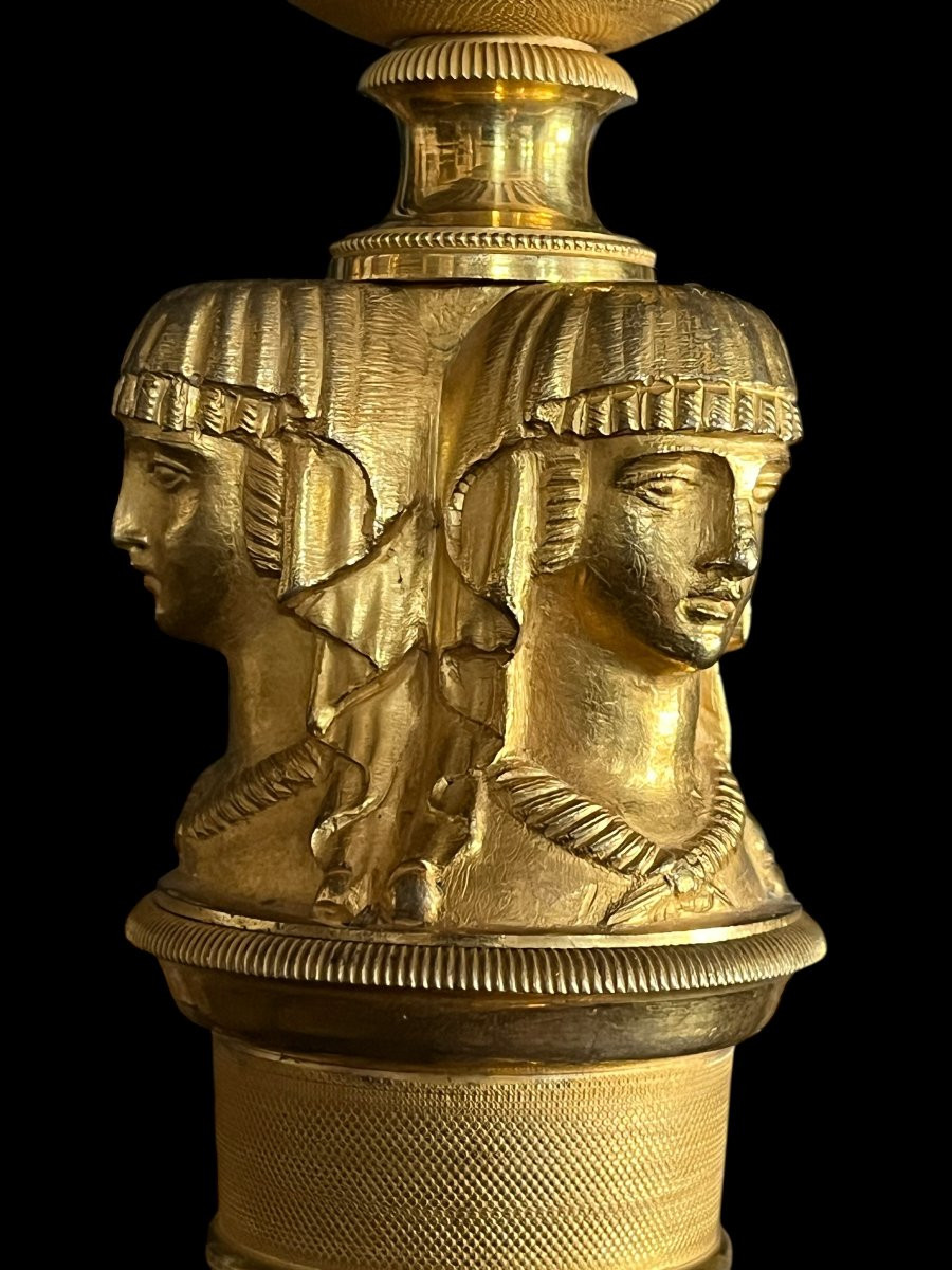 Paire de flambeaux aux égyptiennes bronze doré, att. à Claude GALLE - époque Empire-photo-2