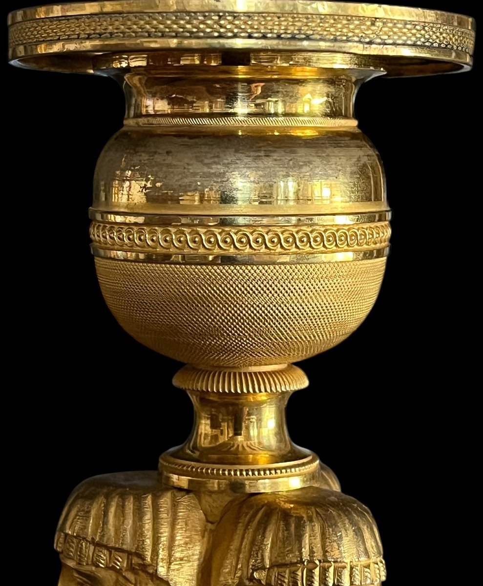 Paire de flambeaux aux égyptiennes bronze doré, att. à Claude GALLE - époque Empire-photo-2