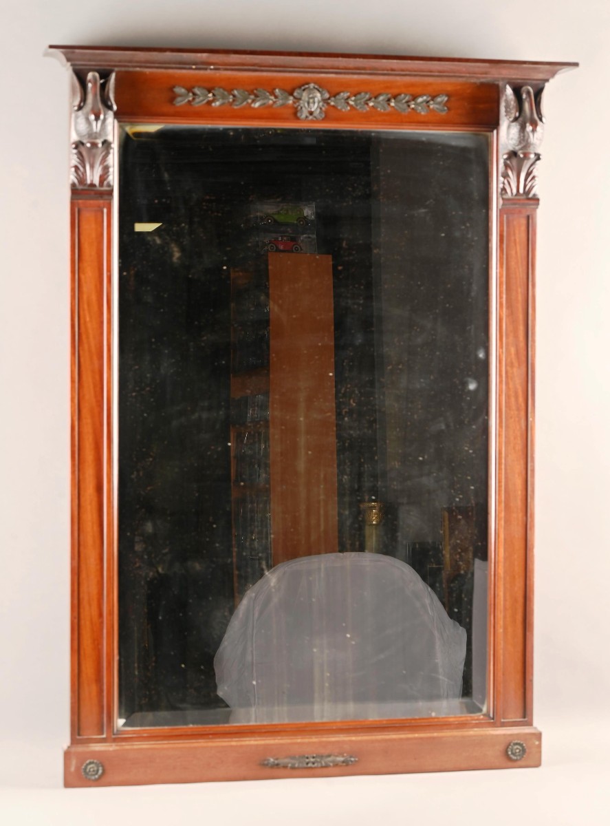 Empire Mahogany Fireplace Mirror With Swan Neck Decoration.