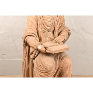 Large Sculpture Of A Saint Nun In Sedes Sapientiae In Soft Wood.