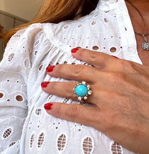 Bague  marguerite Turquoise Et Diamants, XIXéme-photo-3