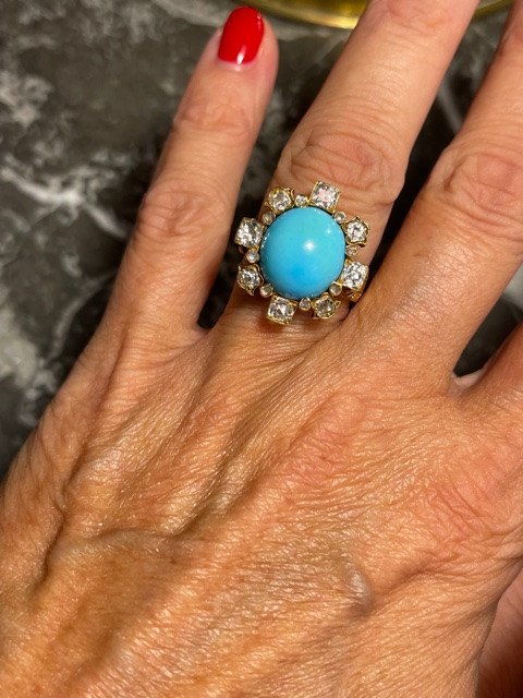 Bague  marguerite Turquoise Et Diamants, XIXéme-photo-2