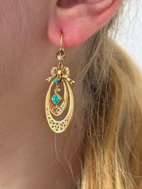 Pair Of Turquoise And Pearl Earrings, Napoleon III Period-photo-2