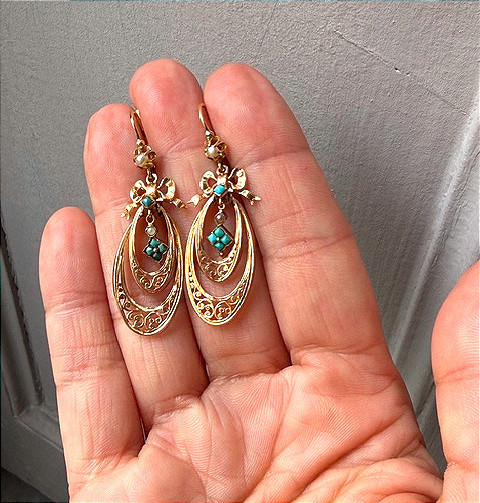 Pair Of Turquoise And Pearl Earrings, Napoleon III Period-photo-1