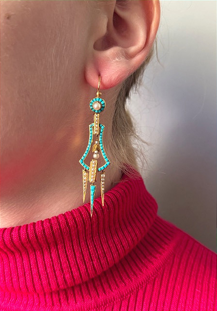 Paire de pendants d'oreilles perles et turquoises, Napoléon III-photo-2