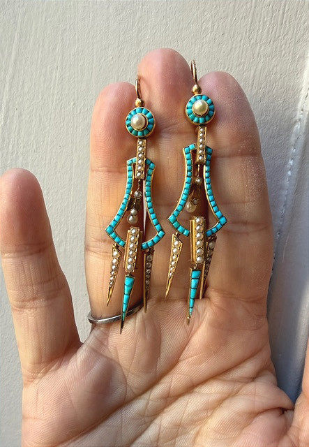 Paire de pendants d'oreilles perles et turquoises, Napoléon III-photo-3