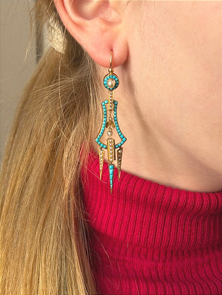 Paire de pendants d'oreilles perles et turquoises, Napoléon III-photo-1
