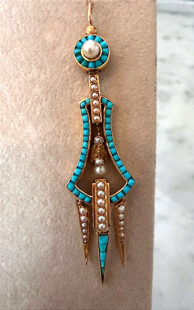 Paire de pendants d'oreilles perles et turquoises, Napoléon III-photo-2