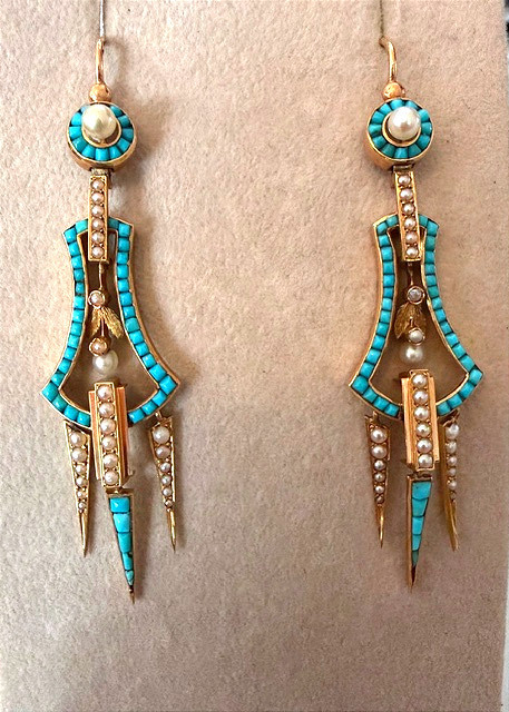 Paire de pendants d'oreilles perles et turquoises, Napoléon III-photo-3