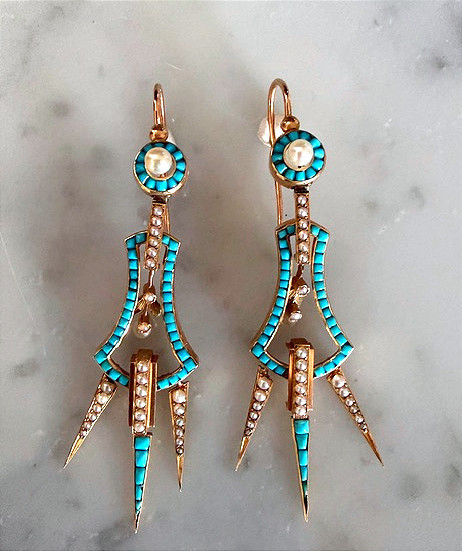 Paire de pendants d'oreilles perles et turquoises, Napoléon III