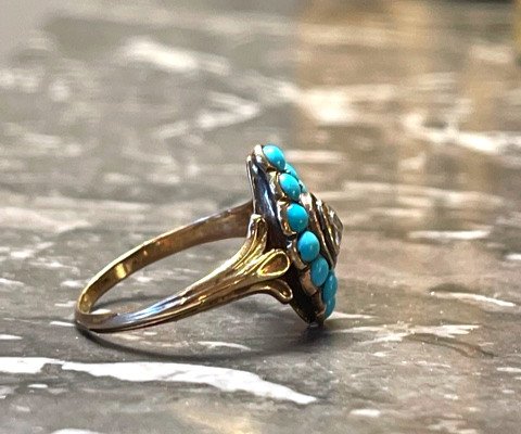 Bague XIX Eme Turquoises Et Diamant-photo-2