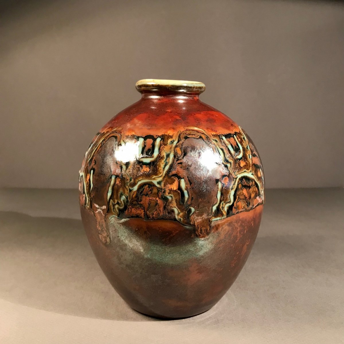 Fire Arts XXth C. Art Deco Camille Tharaud Enamelled Porcelain Ball Vase Circa 1925-30-photo-3