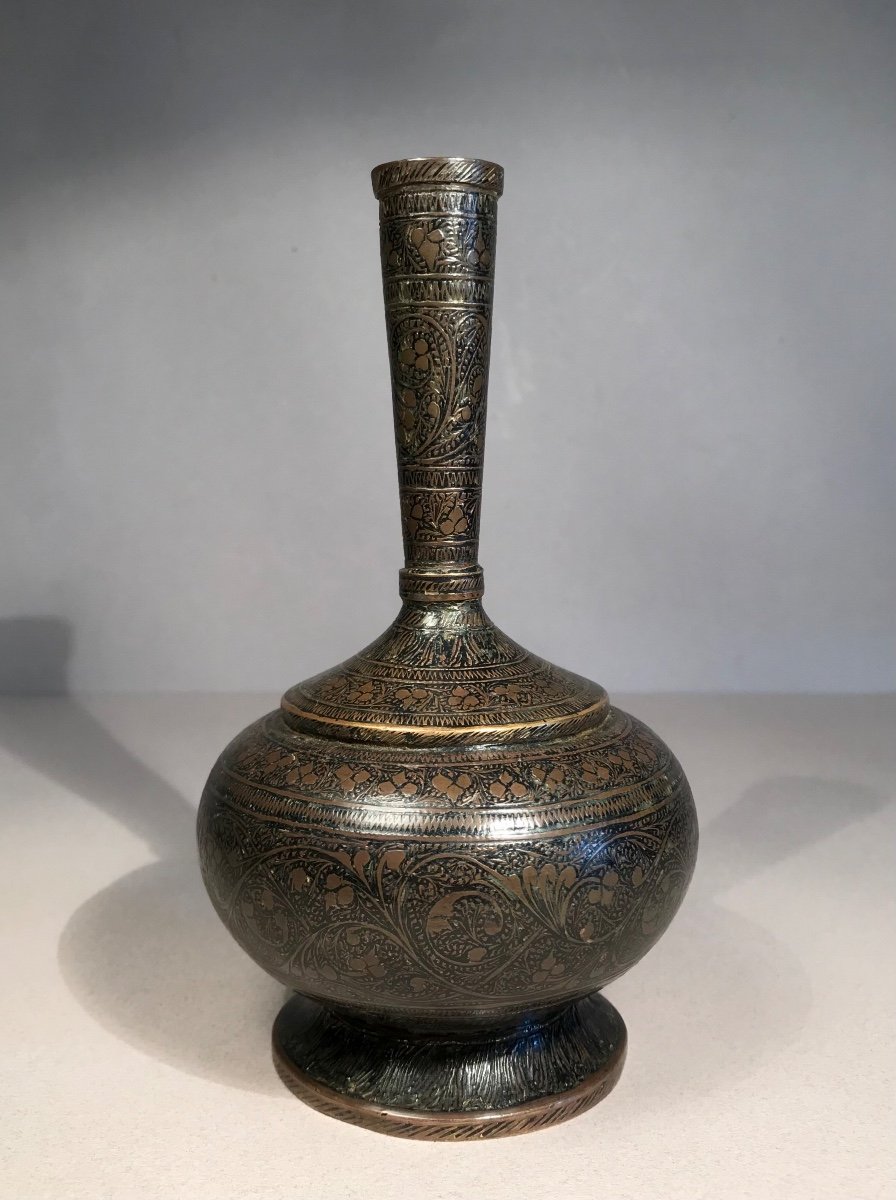 Indian Art Folk Art Surahi Bottle Brass/bronze Niellé 19th Century Kashmir Decorative Arts-photo-2