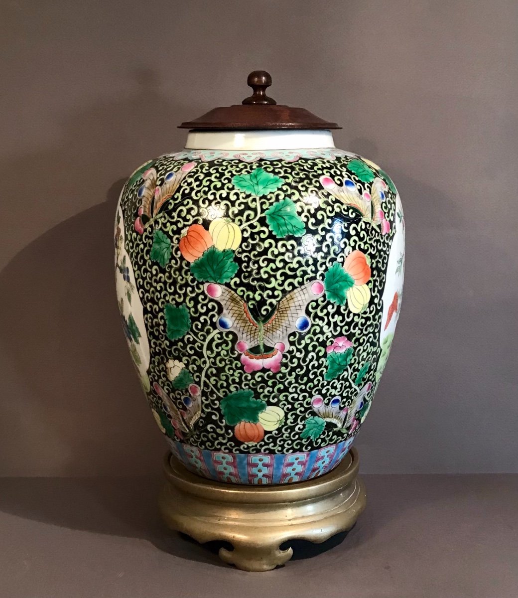Chine XIXème Art D’asie Pot à Gingembre Porcelaine émaillée Couvercle bois Support Bronze Circa 1900-photo-4