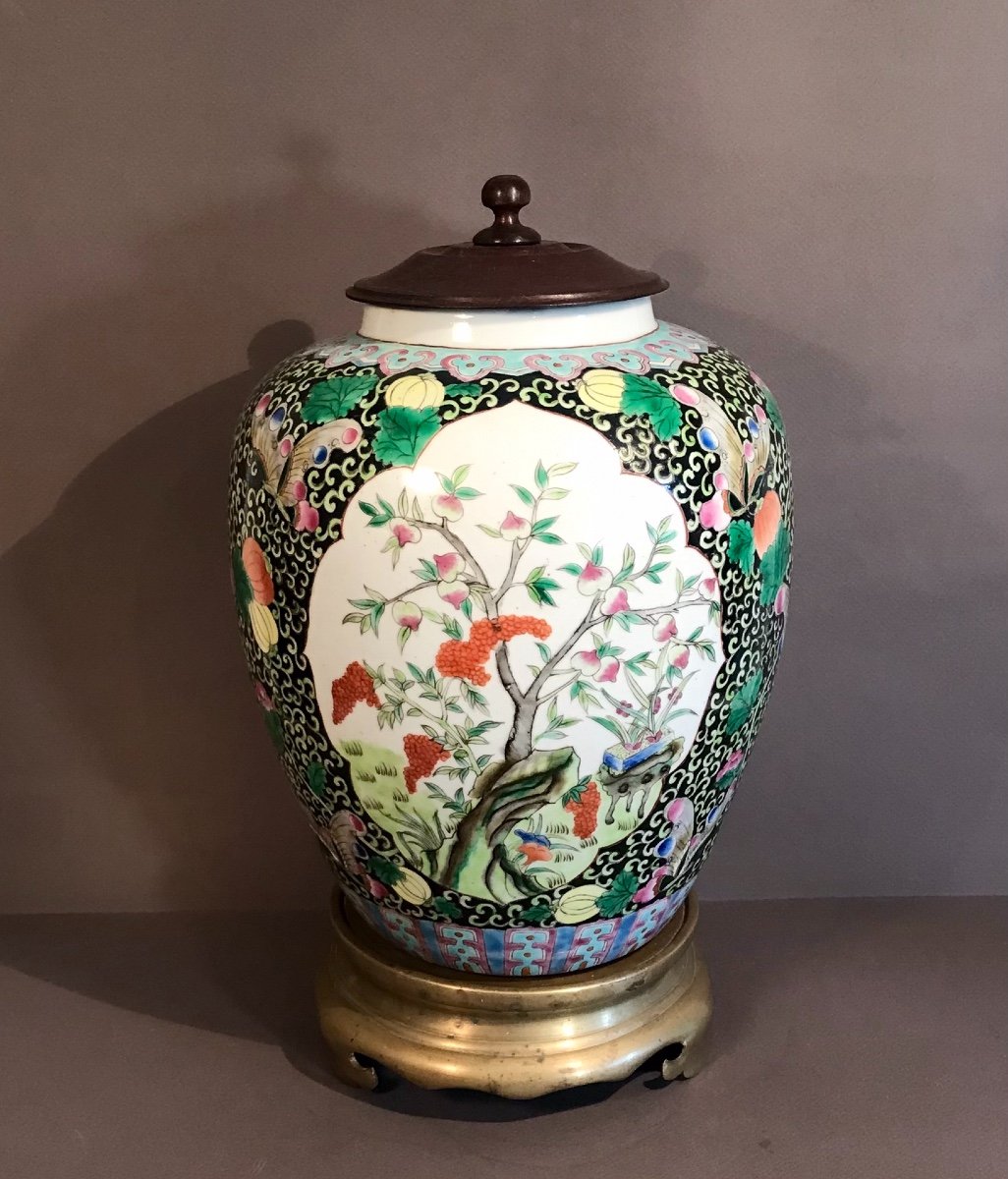 China 19th Century Asian Art Ginger Pot Enameled Porcelain Woodtop Bronze Support Circa 1900-photo-3