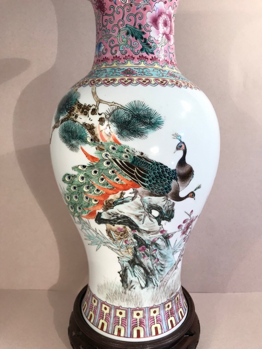 China Asian Arts Baluster Vase Enameled Porcelain Decor Of Peacocks Famille Rose 20th Century-photo-4