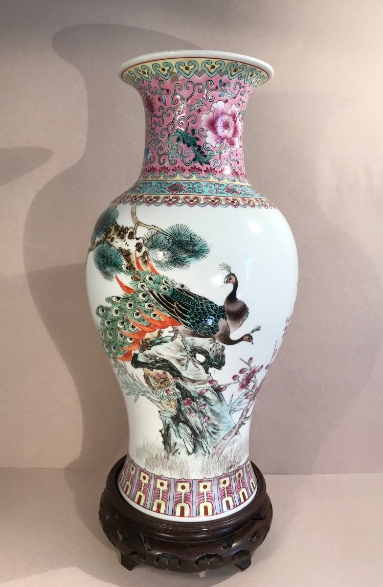 China Asian Arts Baluster Vase Enameled Porcelain Decor Of Peacocks Famille Rose 20th Century