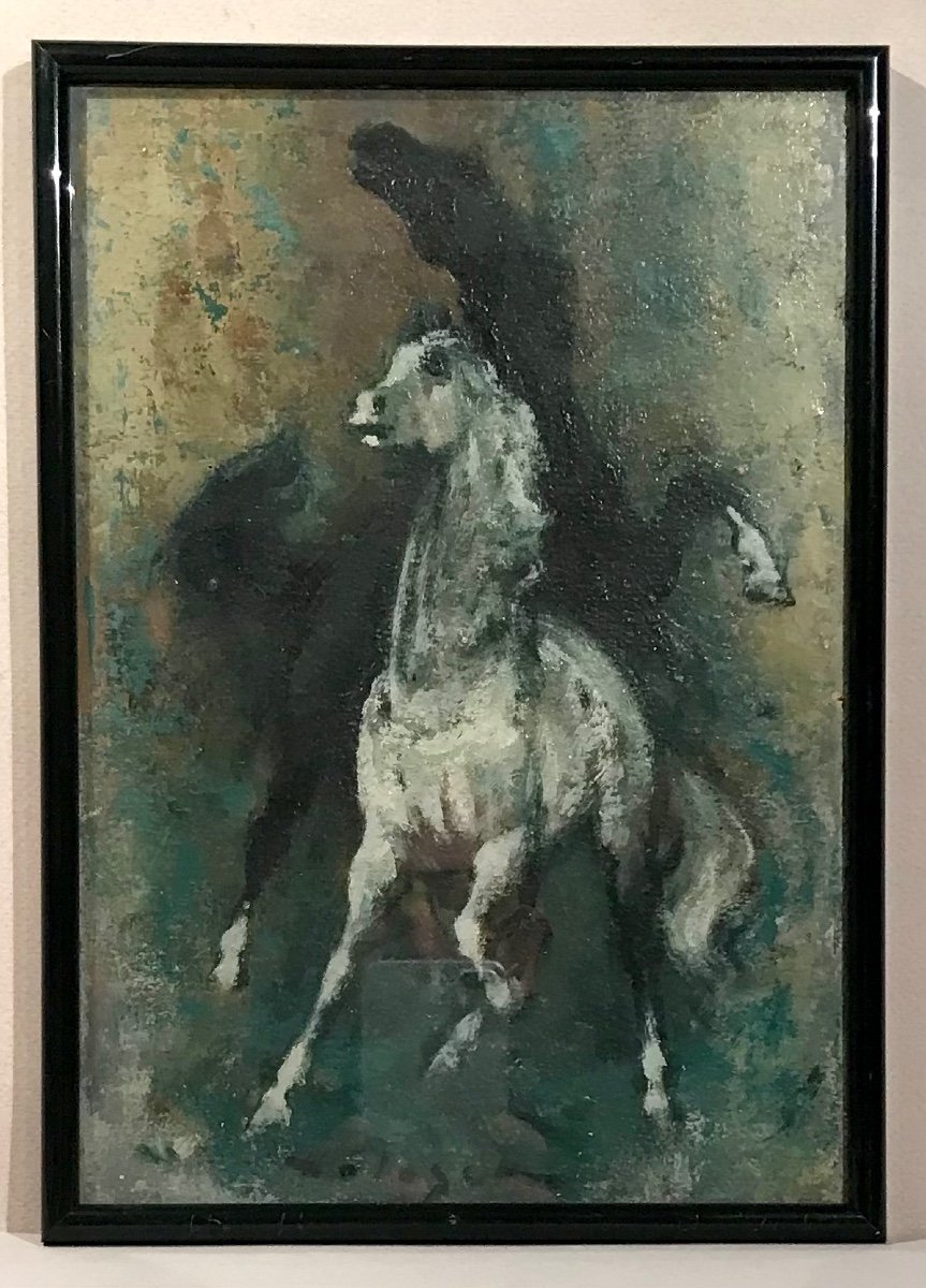 Modern Art Denes De Holesch Equestrian Badinages Oil On Cardboard 20th Century-photo-2