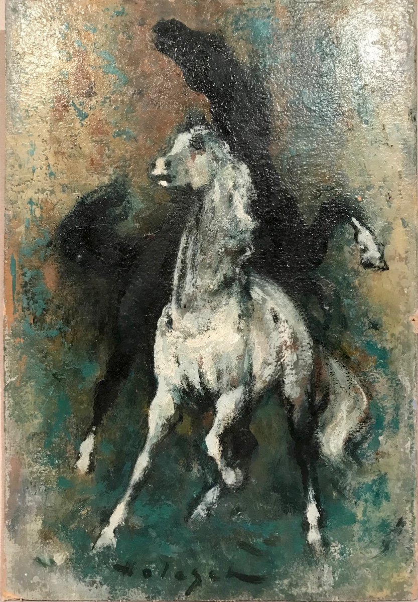 Modern Art Denes De Holesch Equestrian Badinages Oil On Cardboard 20th Century-photo-4