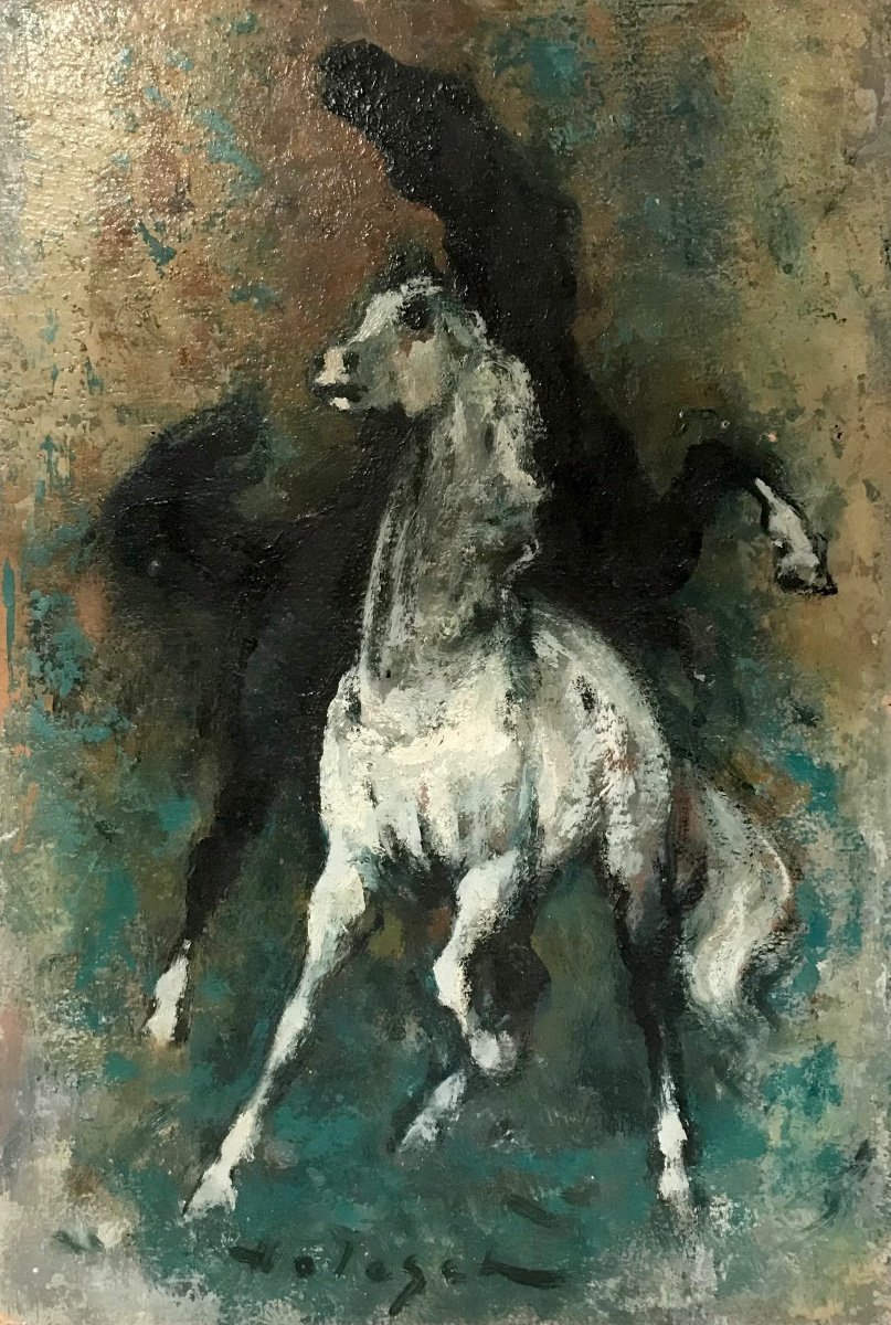 Modern Art Denes De Holesch Equestrian Badinages Oil On Cardboard 20th Century-photo-1