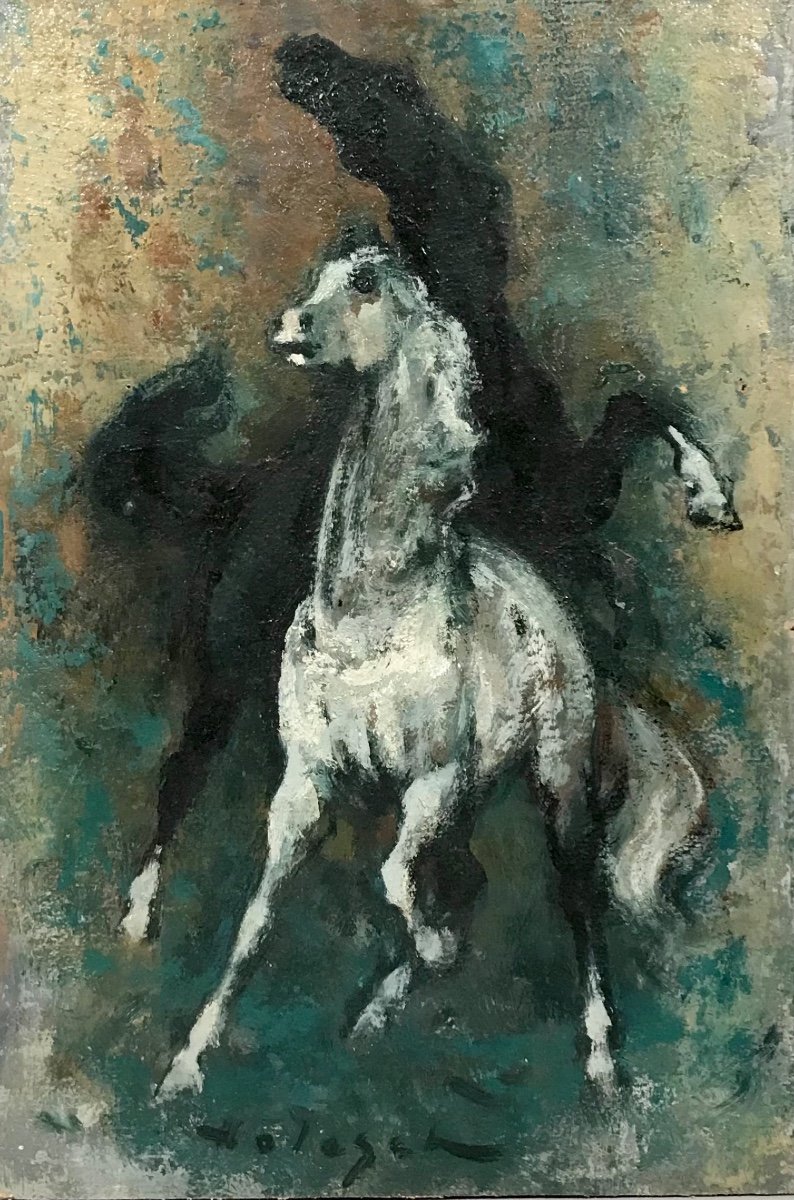 Modern Art Denes De Holesch Equestrian Badinages Oil On Cardboard 20th Century-photo-2