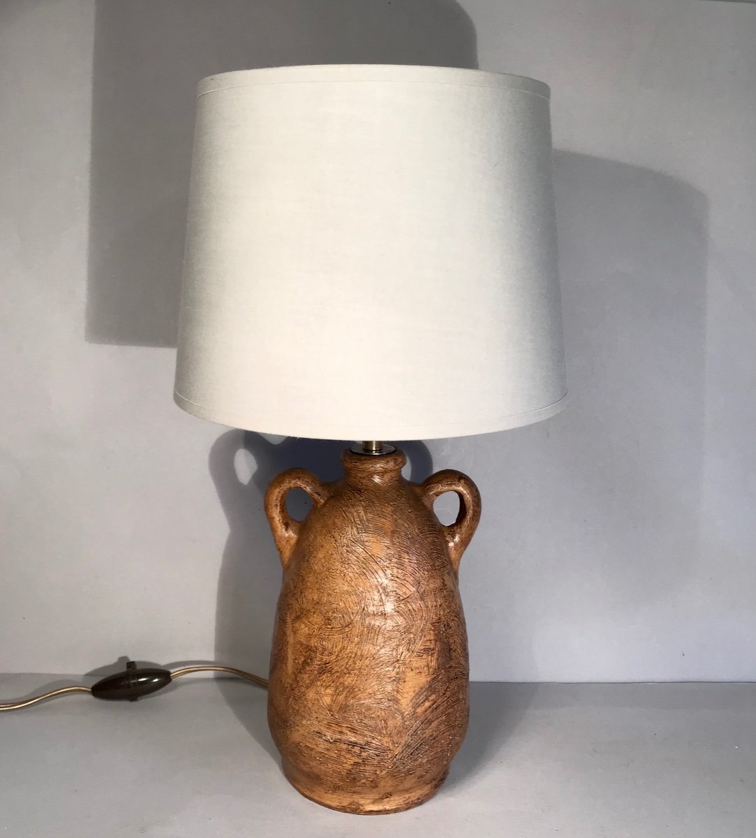 Popular Art Lighting Lamp With 2 Handles In Patinated Terracotta Scarified Decor 20th Century Provence-photo-3